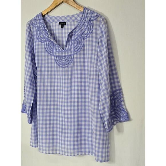 Talbots EMBROIDERED GINGHAM POPOVER Blue & White 3/4 Sleeve V-Neck Size Large - Picture 3 of 8